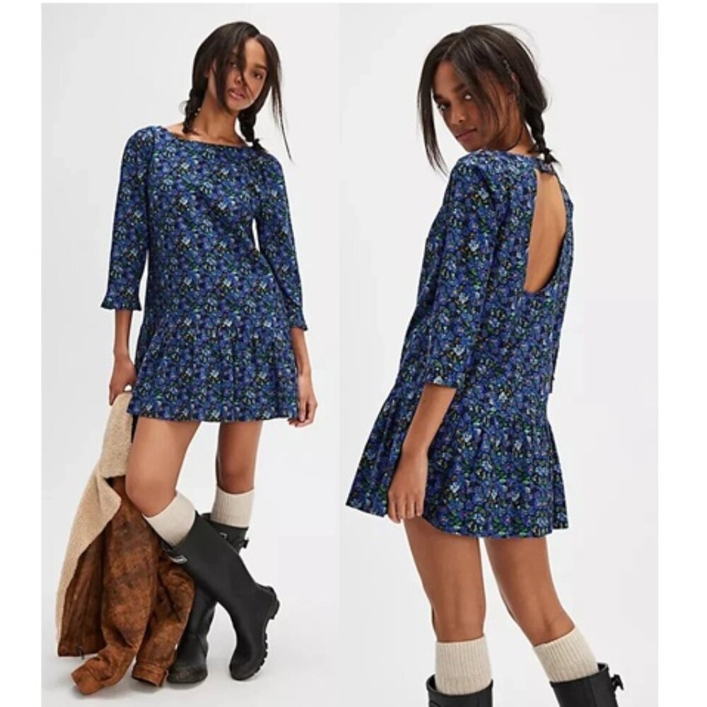 NEW Free People The Avenue Mini Dress Floral Printed Ruffle Cutout Blue